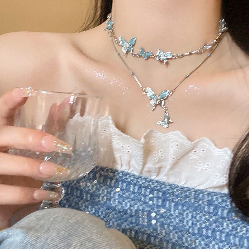 สร้อยคอแบบผีเสื้อสไตล์เกาหลี สำหรับผู้หญิง สีเงิน เหมาะเป็นของขวัญวันเกิด