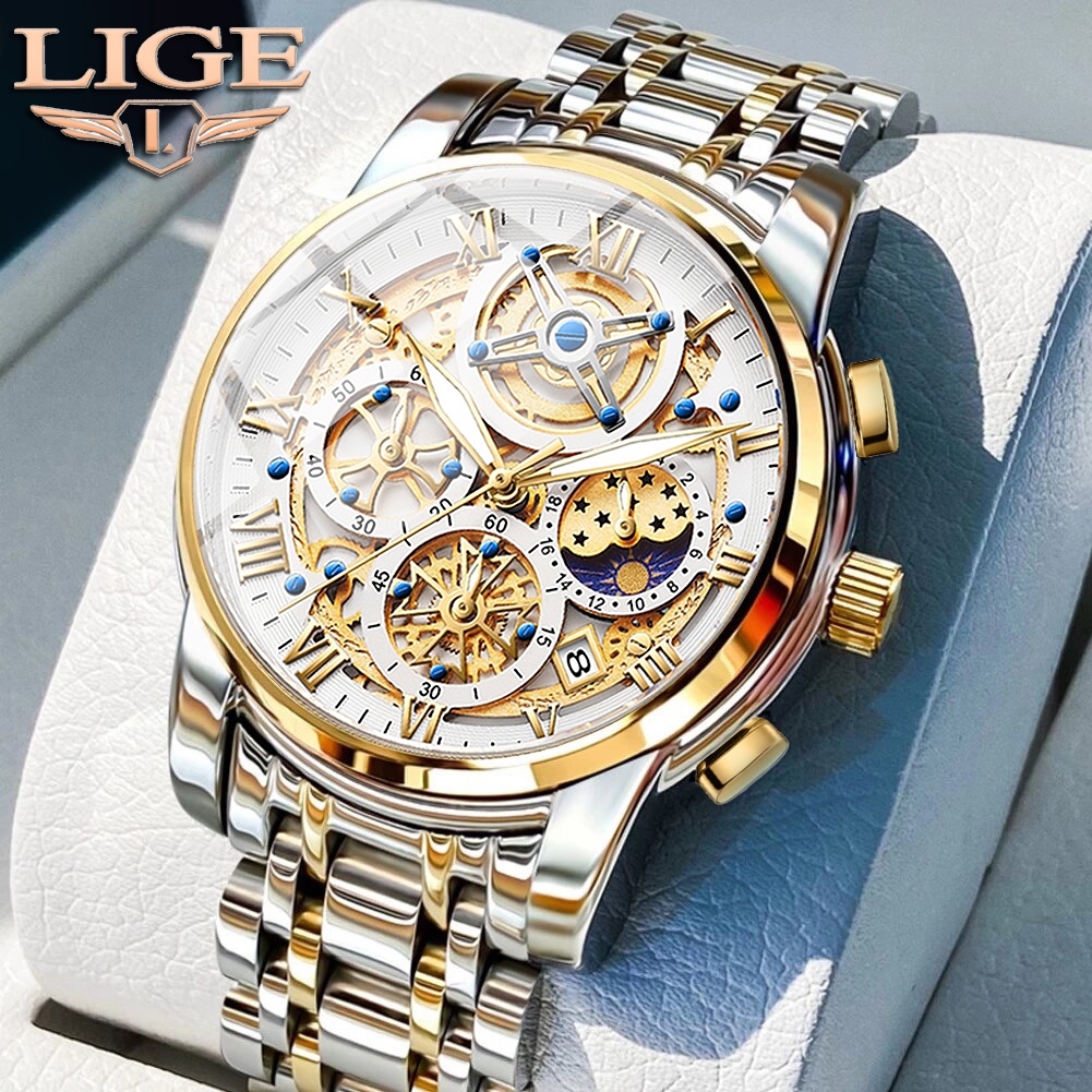 LIGE นาฬิกา Original แฟชั่นธุรกิจนาฬิกาผู้ชายกันน้ำกีฬาโครโนกราฟควอตซ์นาฬิกาข้อมือแบรนด์ชั้นนำหรูหราอัตโนมัติวันที่นาฬิกา