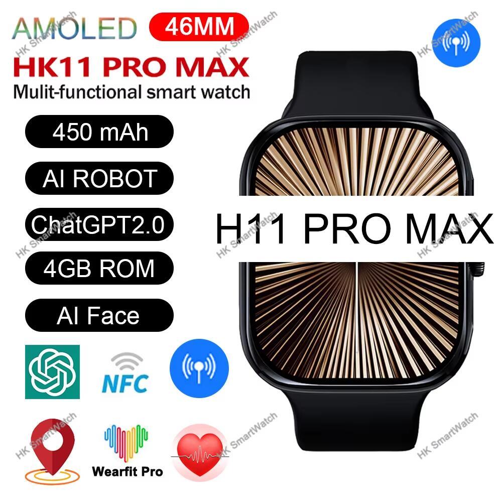 ใหม่ HK11 Pro Max SmartWatch AMOLED Series 10 NFC เข็มทิศ 4GB AI หุ่นยนต์นาฬิกาเครือข่ายบลูทูธ ChatG