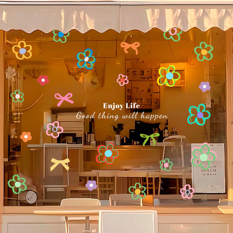 สติกเกอร์ติดประตูกระจกลายดอกไม้ขนาดเล็กหน้าต่าง ง เอแคลส์ ร้านขายเสื้อผ้าร้านชานมหน้าต่างตกแต่งกาวฟรีสติกเกอร์ไฟฟ้าสถิตสติกเกอร์สูญญาก