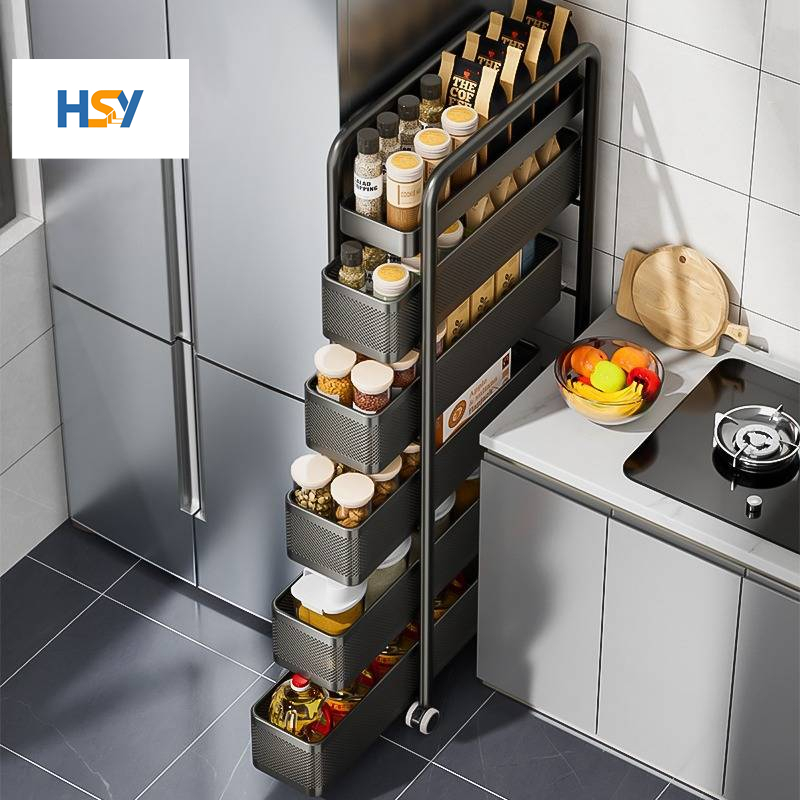 Hsy ชั้นวางของรถเข็น 3/4/5ชั้น พร้อมล้อเลื่อน+ลิ้นชักสามารถดึงออกได้  ชั้นวางของกินเล่น ขวดเครื่องปรุง ผักและผลไม้ได้