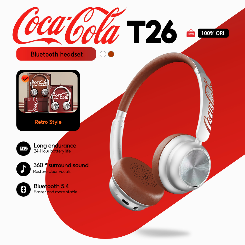 Coca Cola T26 Retro หูฟังบลูทูธ 5.4 หูฟังไร้สายหูฟังชุดหูฟังแบบครอบหูพร้อมไมโครโฟน