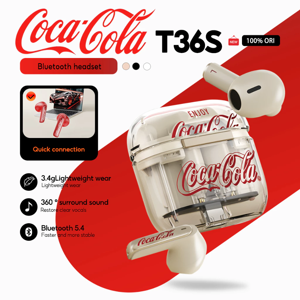 Coca Cola หูฟัง T36S Retro TWS ไร้สายบลูทูธ 5.4 หูฟังกึ่งอินเอียร์อายุการใช้งานแบตเตอรี่ยาวนาน Ultra-Light พร้อมไมโครโฟน