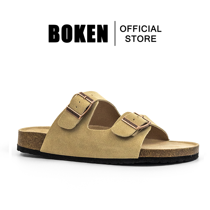 BOKEN รองเท้าแตะรองเท้าแตะผู้หญิงชายหาดกลางแจ้ง Casual Classic Flat Soft Cork Clogs สองสายสีกากี