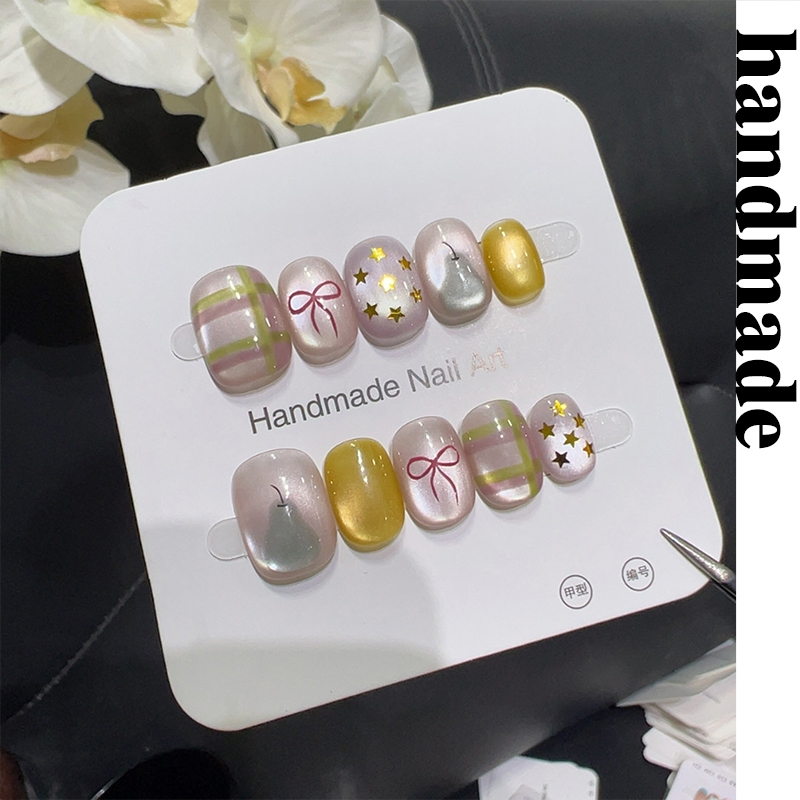 กดบนเล็บทําด้วยมือ [Sydney] สุดน่ารัก ins รูปแบบใหม่ Cat Eye handmade สวมใส่เล็บ High-End White Bow 