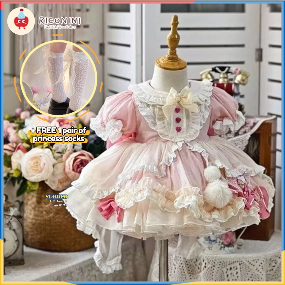 +ฟรีถุงเท้า2025 เด็กวัยหัดเดินเด็กผู้หญิงสีชมพู Lolita ชุดเจ้าหญิง Tutu ชุด Royal Court สไตล์วันเกิดปาร์ตี้ฮาโลวีนเด็กชุด