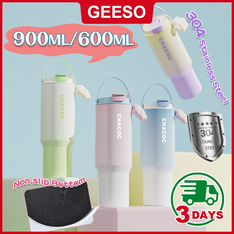 GEESO ถ้วยเก็บอุณหภูมิ ถ้วยน้ําถ้วยกาแฟฟางแบบพกพา 304 สแตนเลส สไตล์เรียบง่าย 600/900มล Tumbler 304 Stainless Steel Thermos Water Bottle With Handle 多巴胺保温杯
