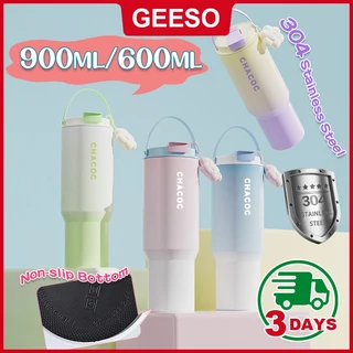 GEESO ถ้วยเก็บอุณหภูมิ ถ้วยน้ําถ้วยกาแฟฟางแบบพกพา 304 สแตนเลส สไตล์เรียบง่าย 600/900มล Tumbler 304 Stainless Steel Thermos Water Bottle With Handle 多巴胺保温杯