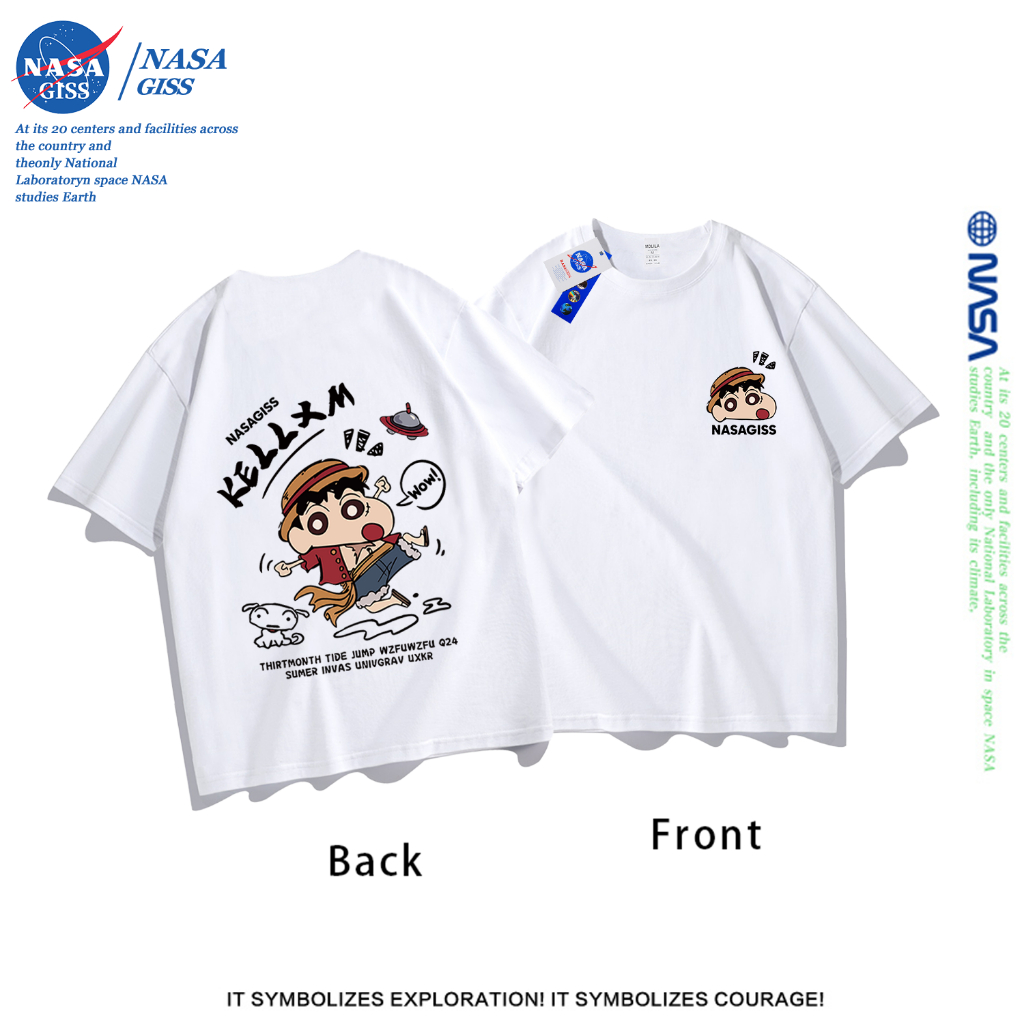 NASA เสื้อยืดชายหญิงแขนสั้น สตรีทฮิปฮอป summer nasaเครยอนชินจัง พิมพ์ลาย คอตตอน คอกลม หลวมและระบายอากาศ
