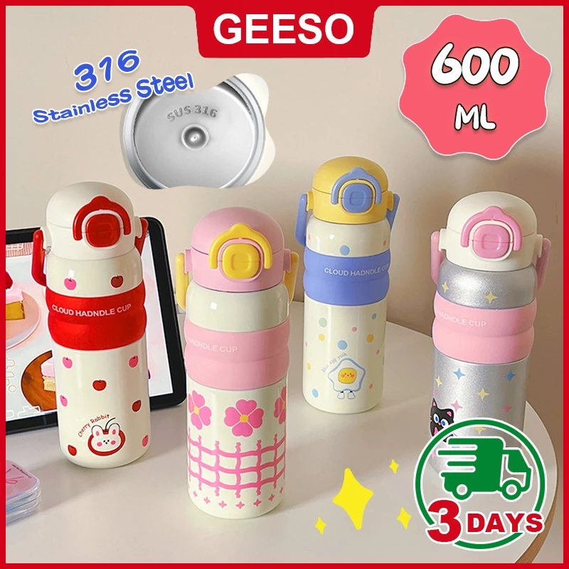 GEESO 600ML น่ารัก Tumbler สแตนเลส 316 กระติกน้ําสูญญากาศพร้อมฟางแบบพกพาเครื่องดื่มคู่ขวดความร้อนเด็ก Handheld Thermos Bottle Cute Cartoon 卡通便携壶