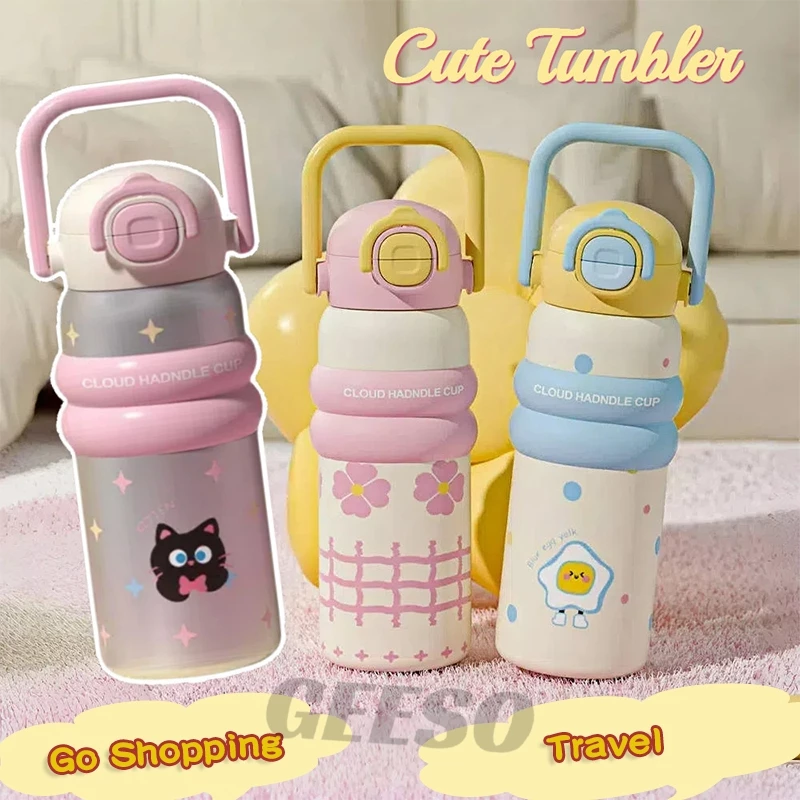 GEESO 600ML น่ารัก Tumbler สแตนเลส 316 กระติกน้ําสูญญากาศพร้อมฟางแบบพกพาเครื่องดื่มคู่ขวดความร้อนเด็ก Handheld Thermos Bottle Cute Cartoon 卡通便携壶 thumbnail 4