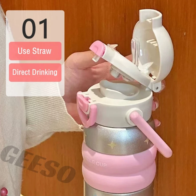 GEESO 600ML น่ารัก Tumbler สแตนเลส 316 กระติกน้ําสูญญากาศพร้อมฟางแบบพกพาเครื่องดื่มคู่ขวดความร้อนเด็ก Handheld Thermos Bottle Cute Cartoon 卡通便携壶 thumbnail 7