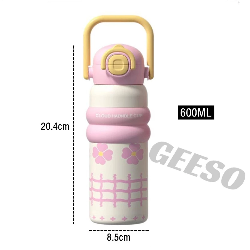 GEESO 600ML น่ารัก Tumbler สแตนเลส 316 กระติกน้ําสูญญากาศพร้อมฟางแบบพกพาเครื่องดื่มคู่ขวดความร้อนเด็ก Handheld Thermos Bottle Cute Cartoon 卡通便携壶 thumbnail 10