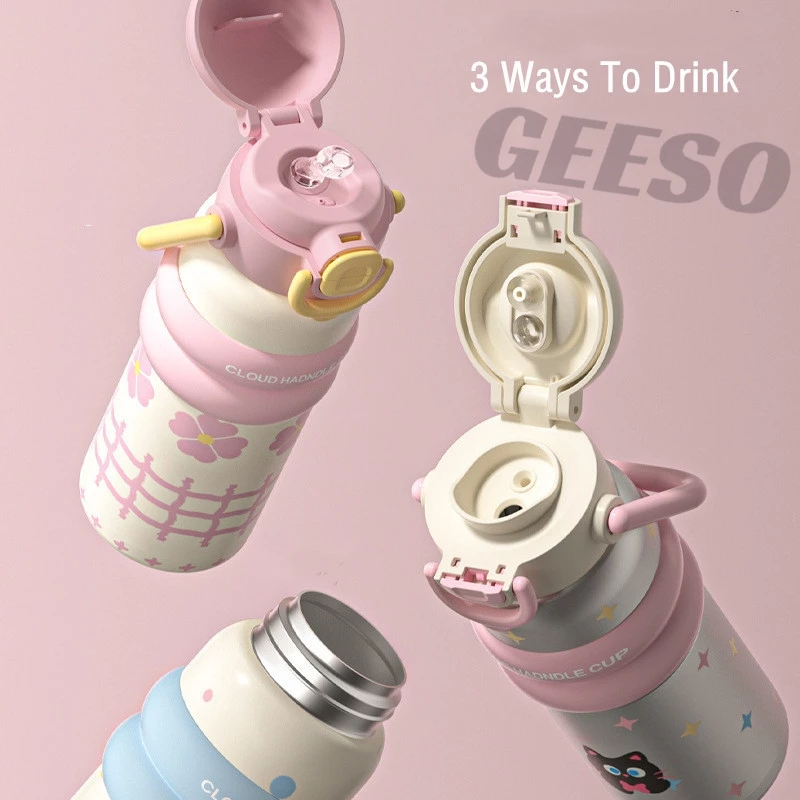 GEESO 600ML น่ารัก Tumbler สแตนเลส 316 กระติกน้ําสูญญากาศพร้อมฟางแบบพกพาเครื่องดื่มคู่ขวดความร้อนเด็ก Handheld Thermos Bottle Cute Cartoon 卡通便携壶 thumbnail 6