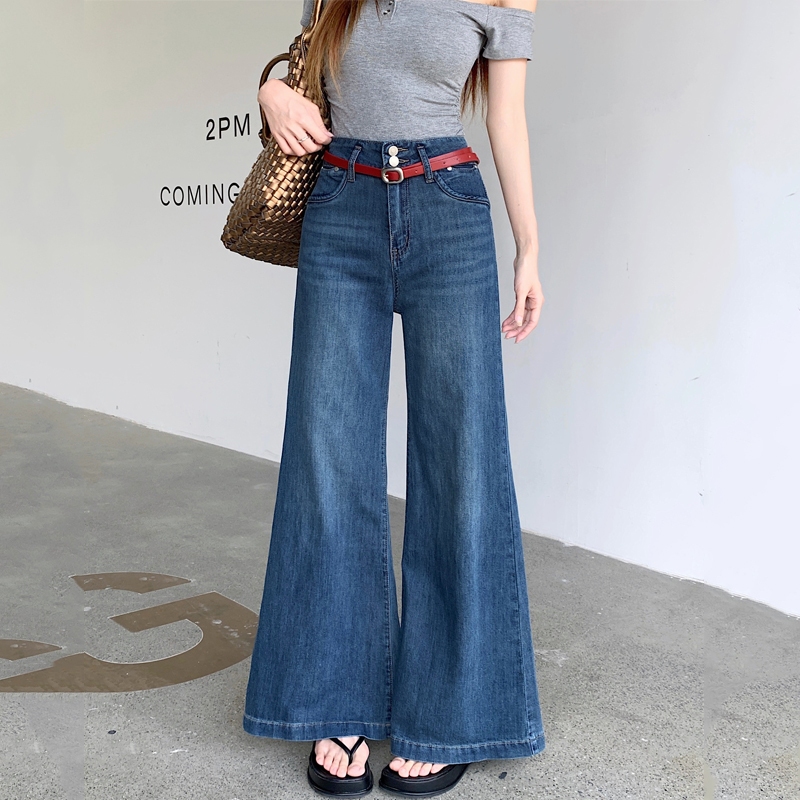 Laterme S-6XL กางเกงยีนส์ขากว้าง เอวสูง แต่งปลายขา ทรงใหญ่ทรงสวย