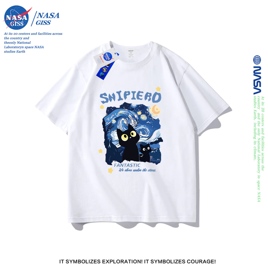 NASA เสื้อยืดชายหญิงแขนสั้น สตรีทฮิปฮอป summer The Starry Night cat พิมพ์ลาย คอตตอน คอกลม หลวมและระบายอากาศ