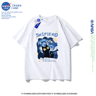 NASA เสื้อยืดชายหญิงแขนสั้น สตรีทฮิปฮอป summer The Starry Night cat พิมพ์ลาย คอตตอน คอกลม หลวมและระบายอากาศ