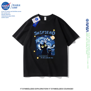 NASA เสื้อยืดชายหญิงแขนสั้น สตรีทฮิปฮอป summer The Starry Night cat พิมพ์ลาย คอตตอน คอกลม หลวมและระบายอากาศ