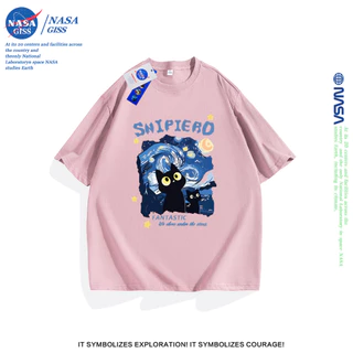 NASA เสื้อยืดชายหญิงแขนสั้น สตรีทฮิปฮอป summer The Starry Night cat พิมพ์ลาย คอตตอน คอกลม หลวมและระบายอากาศ