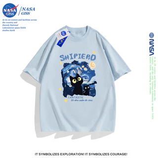 NASA เสื้อยืดชายหญิงแขนสั้น สตรีทฮิปฮอป summer The Starry Night cat พิมพ์ลาย คอตตอน คอกลม หลวมและระบายอากาศ