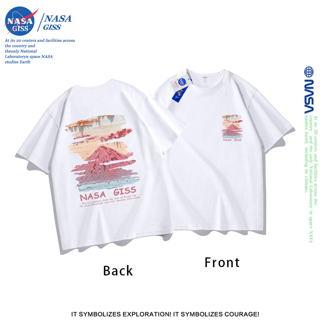 NASA เสื้อยืดชายหญิงแขนสั้น สตรีทฮิปฮอป summer ภูเขาสีชมพู พิมพ์ลาย คอตตอน คอกลม หลวมและระบายอากาศ