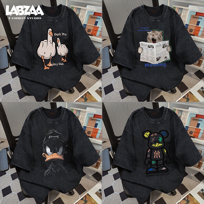 เสื้อยืดแขนสั้นคอกลม⚡วินเทจฟอกน้ำ ลายพิมพ์สัตว์ในการ์ตูน โอเวอร์ไซซ์ ใส่สบาย ผ้าคอตตอน 100% YG0