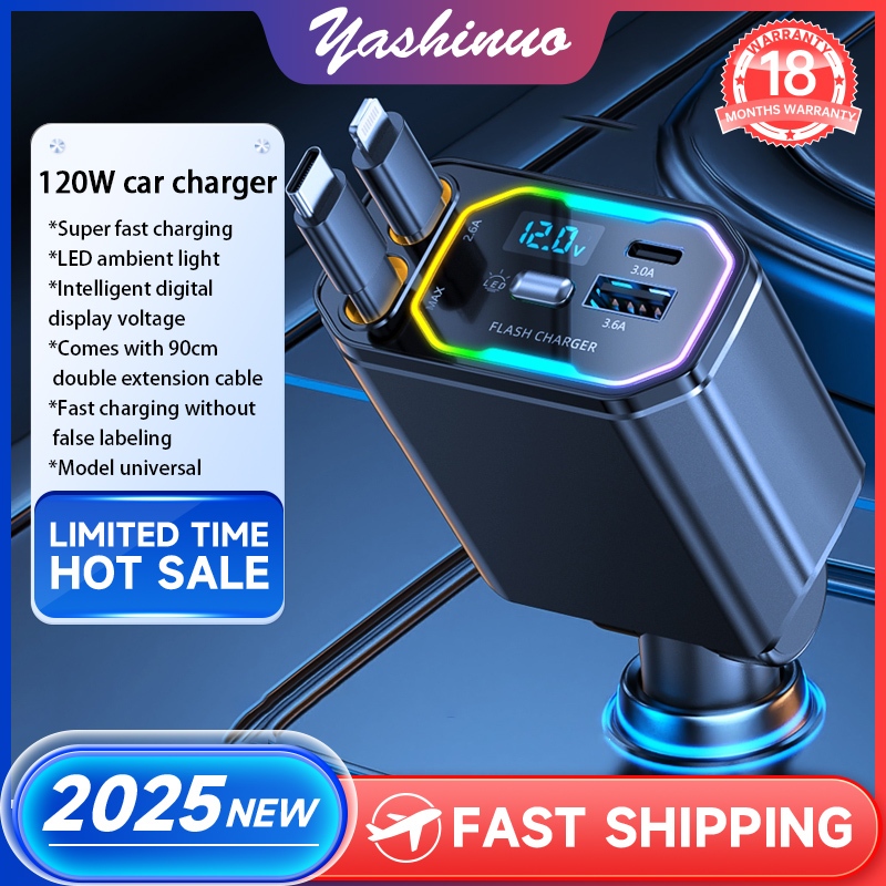 [จัดส่งด่วน]Yashinuo 4 In 1 Car Charger Multifunctional Car Fast Charger อะแดปเตอร์ Usb สายแบบพับเก็