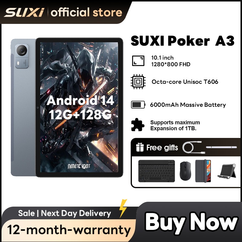 Suxi Poker A3 10.1 tablet android  แท็บเล็ต 12+128GB 4G, ลําโพงคู่และผู้ช่วย AI, หน้าจอ IPS