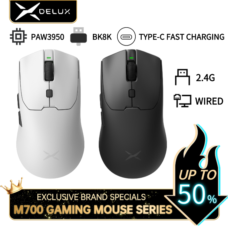 DELUX M700 SERIES PAW3950/PAW3395 26000/30000DPI 1000HZ/8000Hz 50G ACC โปรแกรมไร้สาย Gaming Mouse 59