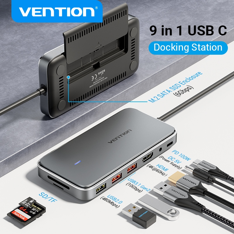 Vention ฮับ USB c 9 in 1 พร้อม M.2 SSD Enclosure Type c เป็น M.2 HDMI USB 3.0 TF SD 3.5 มม. PD100W สําหรับแล็ปท็อป PC Macbook iPad