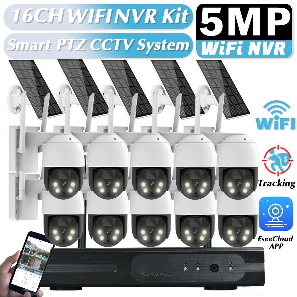 5MP WiFi ระบบกล้องเฝ้าระวังวิดีโอ 16CH P2P WIFI NVR ชุด 2 เสียงการติดตามอัตโนมัติกล้องวงจรปิดพลังงาน