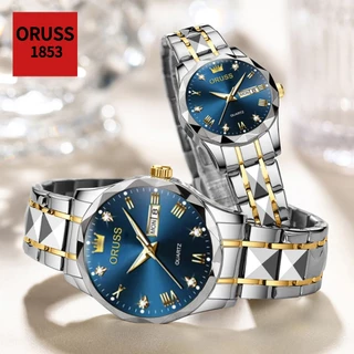 ORUSS รัส คู่เดิมสแตนเลสปฏิทินคู่กันน้ําส่องสว่างนาฬิกาแฟชั่นหรูหราธุรกิจเวอร์ชั่นเกาหลีนาฬิกาข้อมือควอตซ์