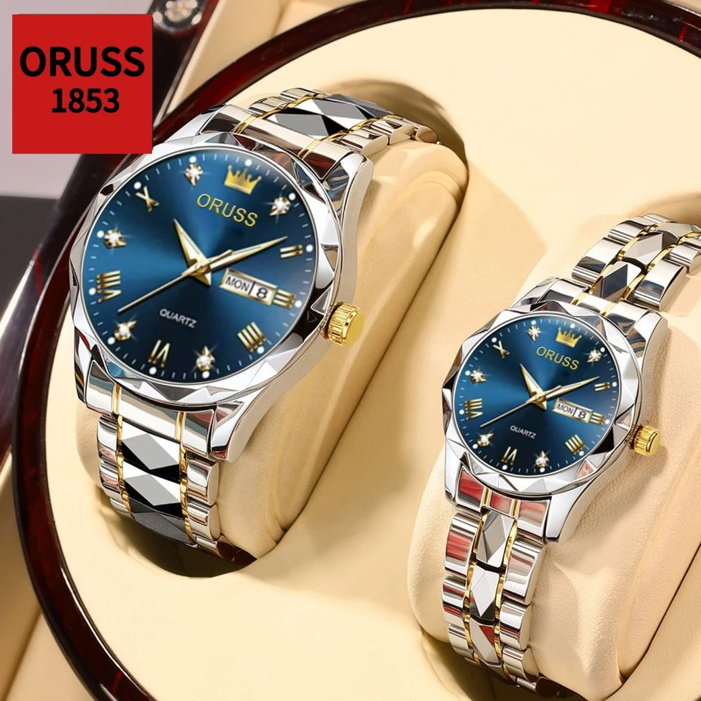 ORUSS รัส คู่เดิมสแตนเลสปฏิทินคู่กันน้ําส่องสว่างนาฬิกาแฟชั่นหรูหราธุรกิจเวอร์ชั่นเกาหลีนาฬิกาข้อมือควอตซ์