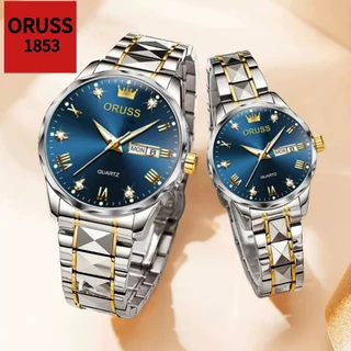 ORUSS รัส คู่เดิมสแตนเลสปฏิทินคู่กันน้ําส่องสว่างนาฬิกาแฟชั่นหรูหราธุรกิจเวอร์ชั่นเกาหลีนาฬิกาข้อมือควอตซ์