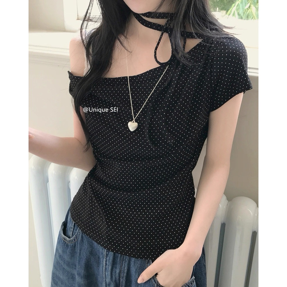 ELFwoo เสื้อครอปแขนสั้นลายจุดสีชมพู