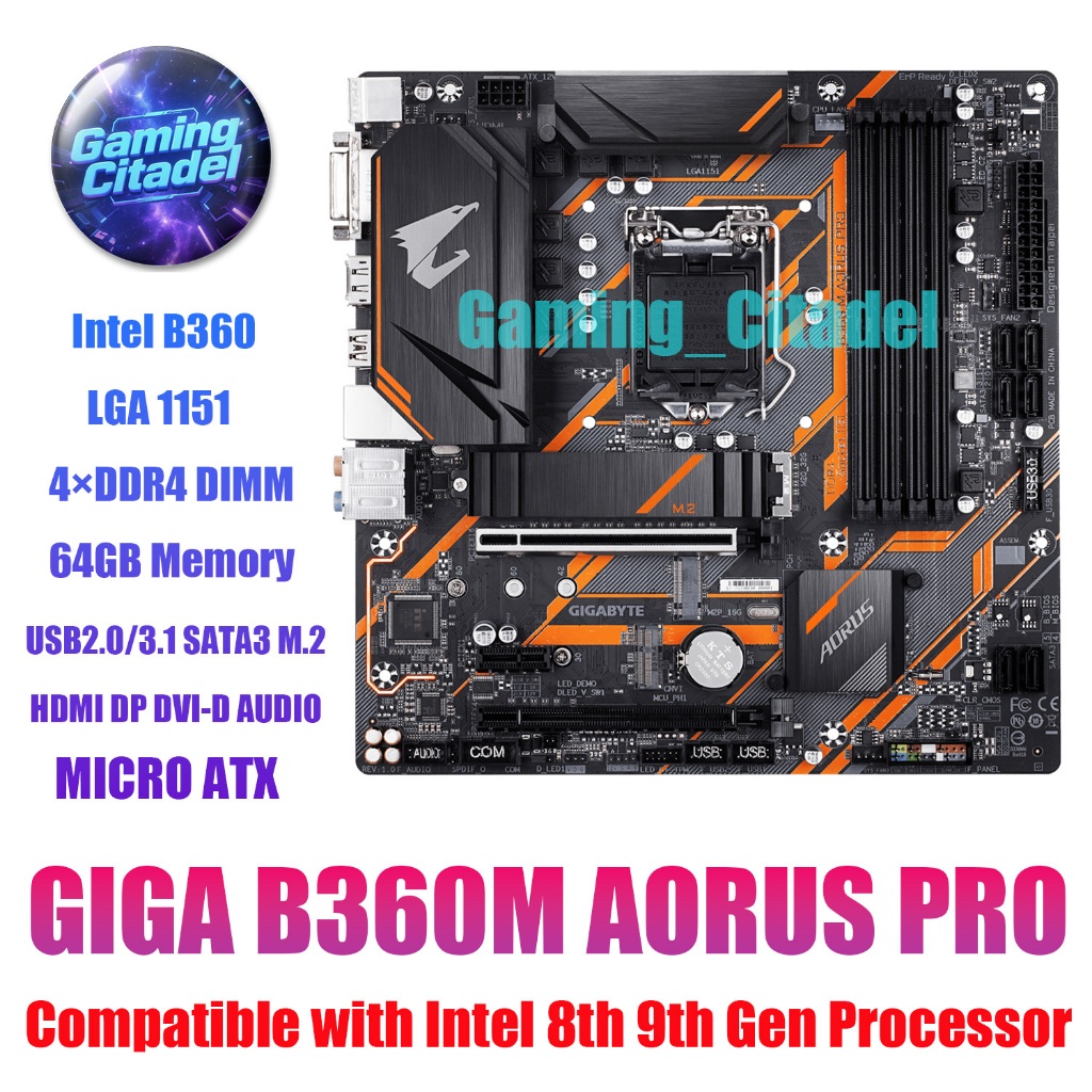 ใช้เมนบอร์ด Gigabyte B360M AORUS PRO DDR4 MATX B360 LGA1151 เข้ากันได้กับโปรเซสเซอร์ Intel 8th 9th G