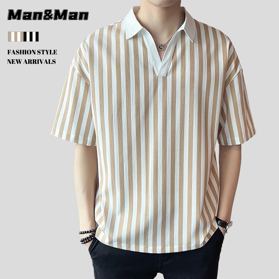 M & M แขนสั้นคอปกผู้ชาย ลายทาง เสื้อโปโล แบบหลวม ลำลอง บ้าน