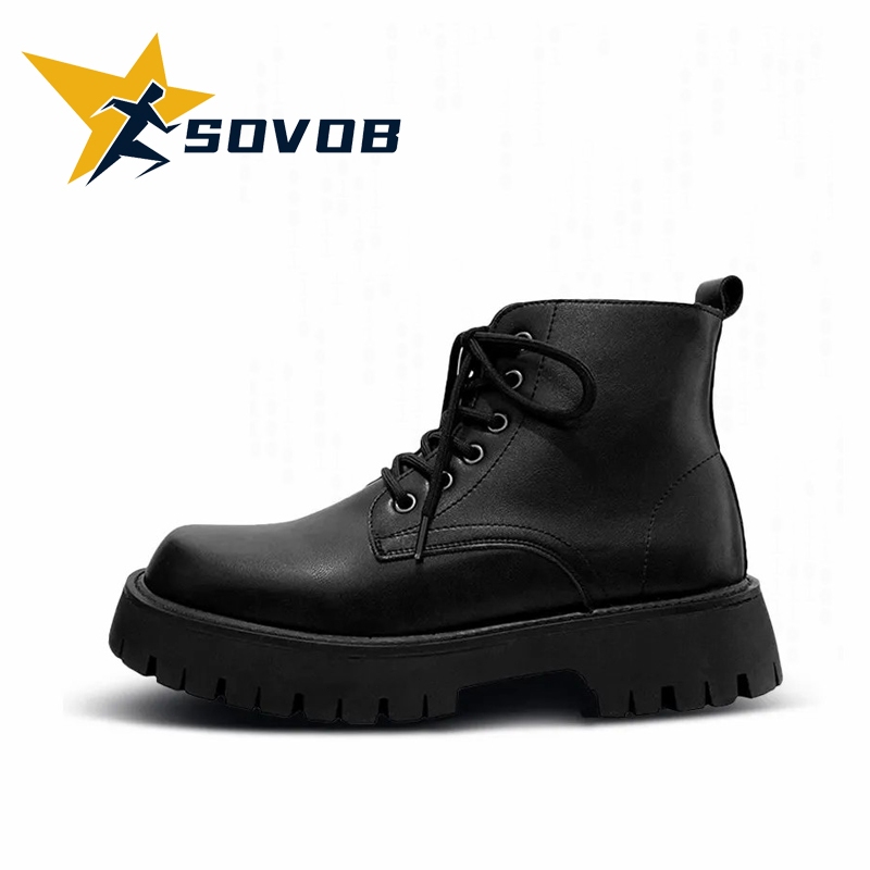 SOVOB บูทผู้ชาย สีดำ เชือกผูก พื้นหนา หนังเทียม กันน้ำ ใส่สบาย แฟชั่นสไตล์อังกฤษ บูททำงาน
