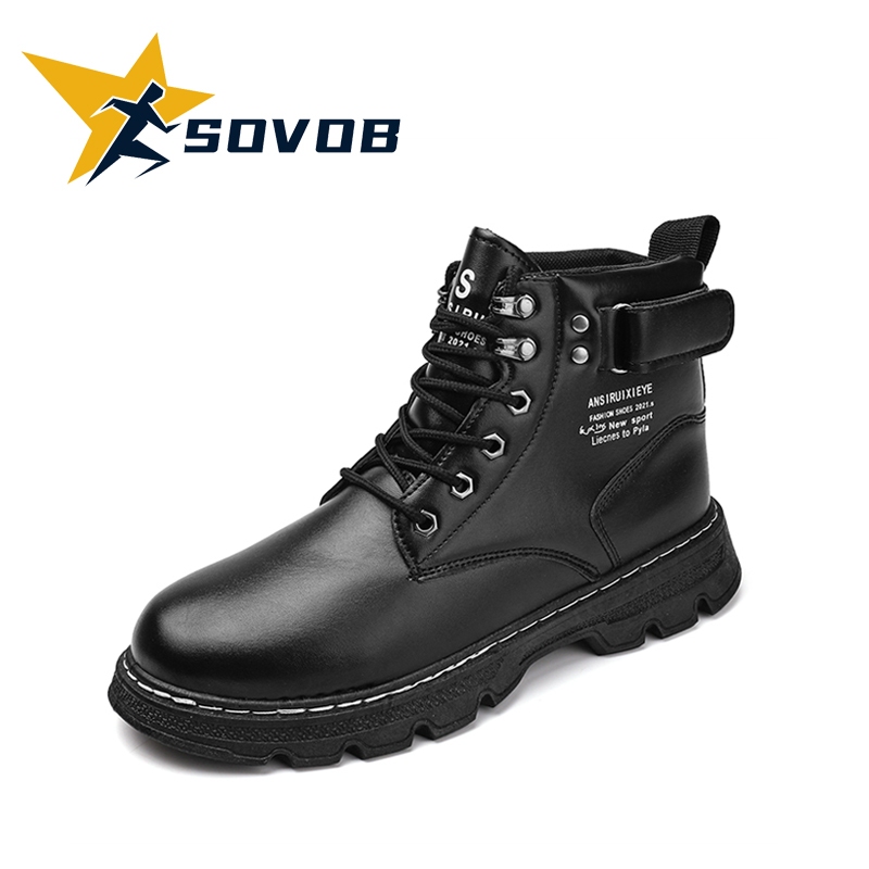SOVOB รองเท้าหนังผู้ชาย รองเท้าบูทหุ้มข้อ ใหม่สูงช่วยป้องกันการลื่นไถลกันน้ำทนต่อการสึกหรอเครื่องมือบู๊ทส์อังกฤษลมสีดำ