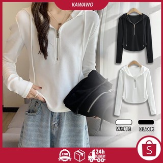 Women Half Zipper Tee Korean Style Hoodies Long-sleeved T-Shirt Lightweight Pullover Crop Tops