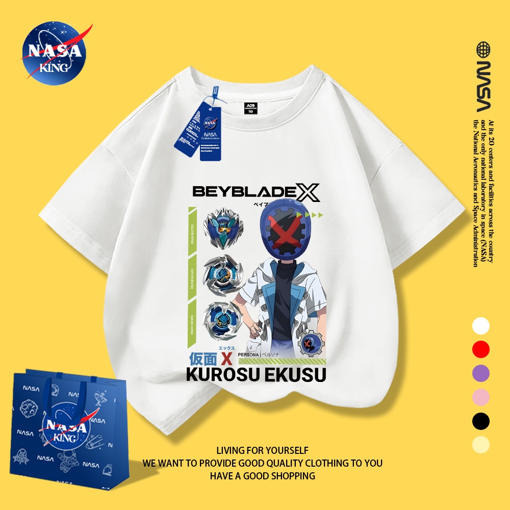 NASA เสื้อยืดแขนสั้นเด็กผู้ชาย ลาย Beyblade X ผ้าฝ้ายแท้ สไตล์เกาหลี ฤดูร้อนระบายอากาศ