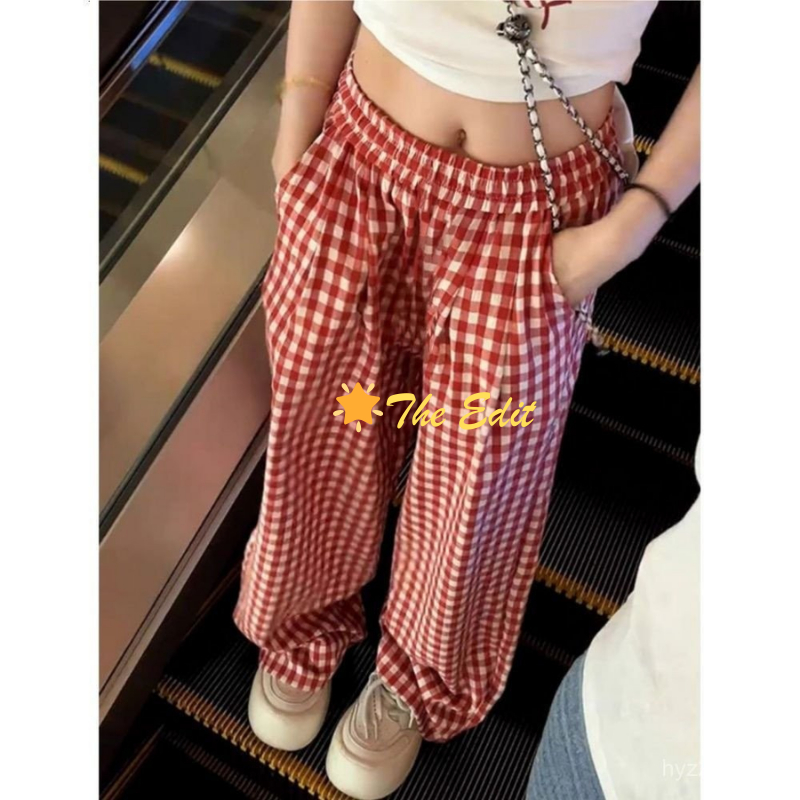พร้อมส่ง พร้อมส่ง! กางเกงลายสก๊อตสีแดงวินเทจสำหรับผู้หญิง ทรงขาตรงเอวสูง เหมาะสำหรับฤดูใบไม้ร่วงและหน้าหนาว