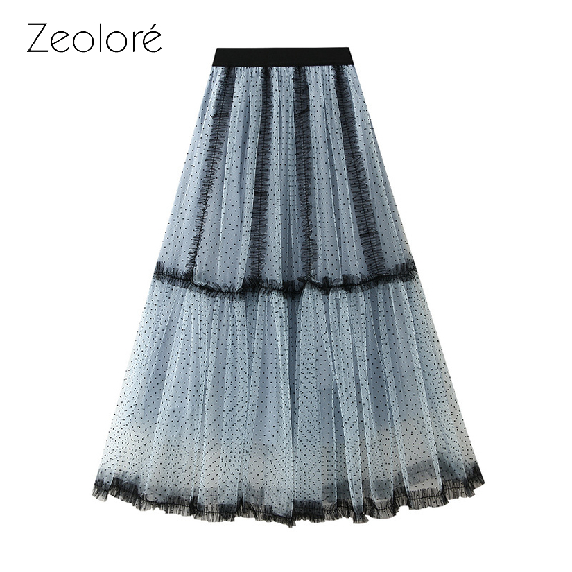 Zeolore Polka Dot Tulle ข้อเท้าความยาวกระโปรงเอวยางยืด Elegant Paneled กระโปรงสําหรับผู้หญิง QT2604