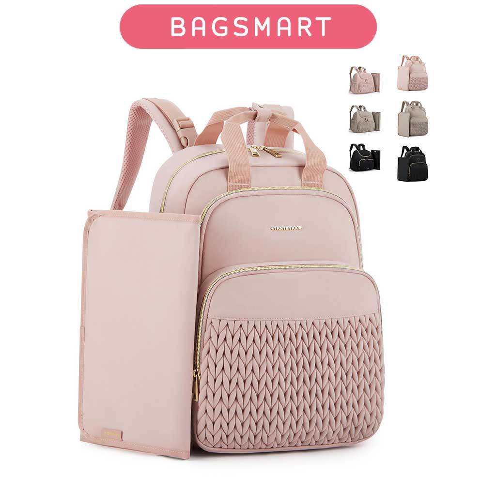 BAGSMART กระเป๋าใส่ผ้าอ้อม กระเป๋าเด็ก 17-27 ลิตร ดีไซน์เก๋ กระเป๋าเป้เดินทางสำหรับเด็ก พร้อมช่องเก็บของแบบมีฉนวน, แผ่นรองเปลี่ยนผ้าอ้อม, สายรัดรถเข็นเด็ก