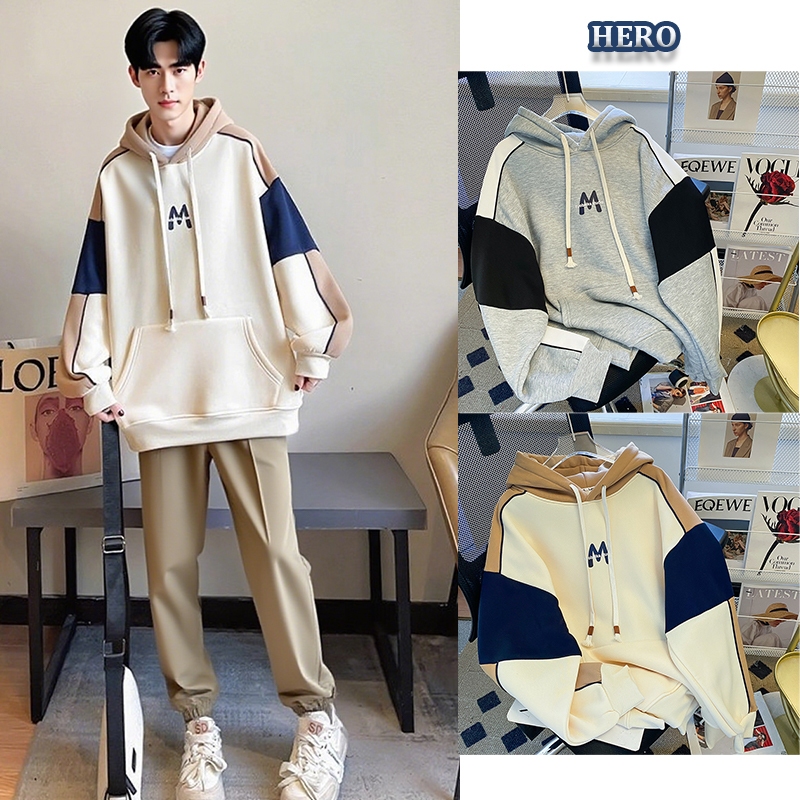 💥Hero💥 เสื้อฮู้ด แฟชั่นเกาหลี ใส่สบาย ชุดคู่รัก ผ้าฝ้าย ทรงหลวม ใส่สบายไม่หนัก เสื้อกันหนาวพร้อมฮู้ดสไตล์เรโทรแบบคอนทราสต์สี สำหรับทั้งชายและหญิง