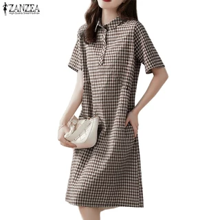 ZANZEA ใส่ ซานเซีย ผู้หญิงเกาหลีสบายๆหลวมแขนสั้นลายสก๊อตพิมพ์ชุดไม่มีกระเป๋า