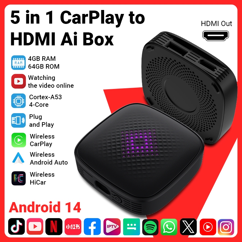 XDA 2025 H-Air2.0 Carplay อะแดปเตอร์ไร้สาย Android Auto Wireless box CS6 5in1(HDMI+Hai car+Carplay +
