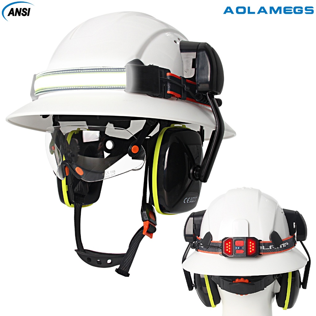AOLAMEGS Full Brim Hard หมวกแว่นตาป้องกัน Earmuff USB Led ไฟหน้าหมวกนิรภัย ANSI CE