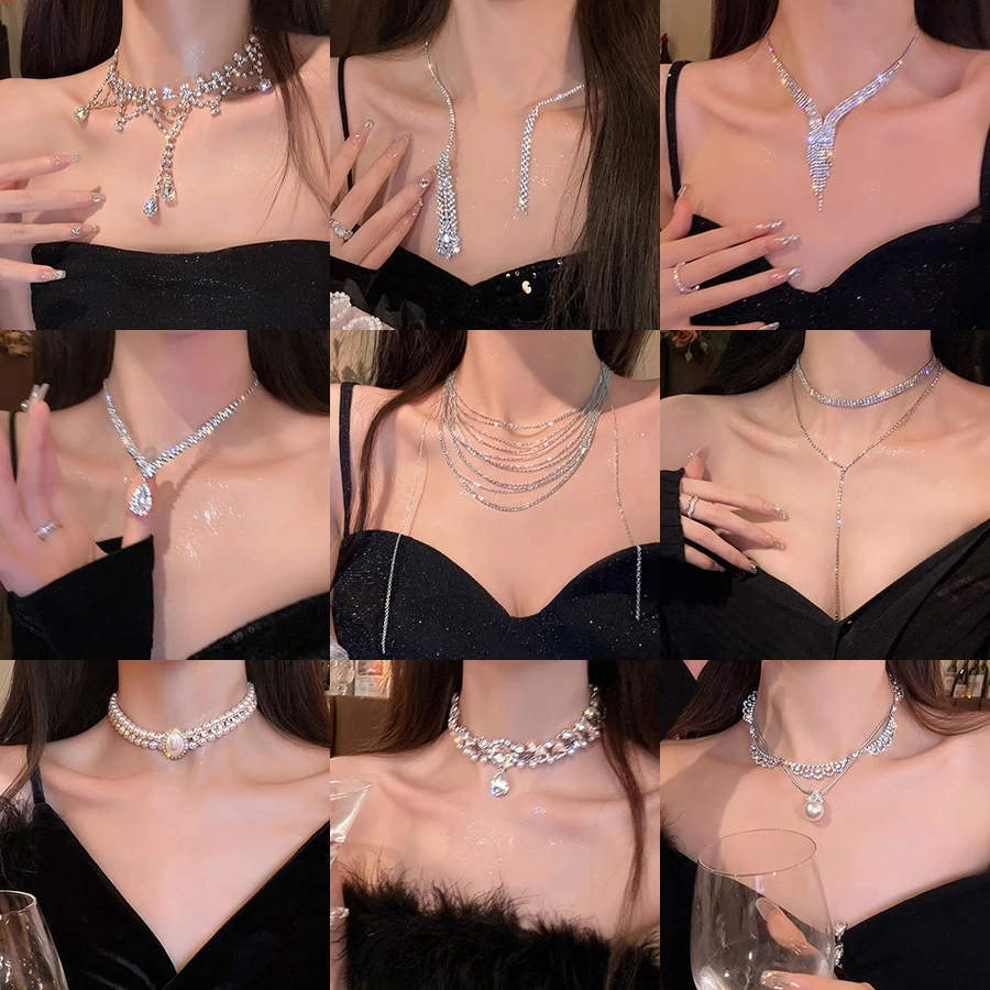 ชุดอัญมณีเพทายและสร้อยคอมุก สไตล์หรูหรา พร้อมโซ่แบบแฟชัน