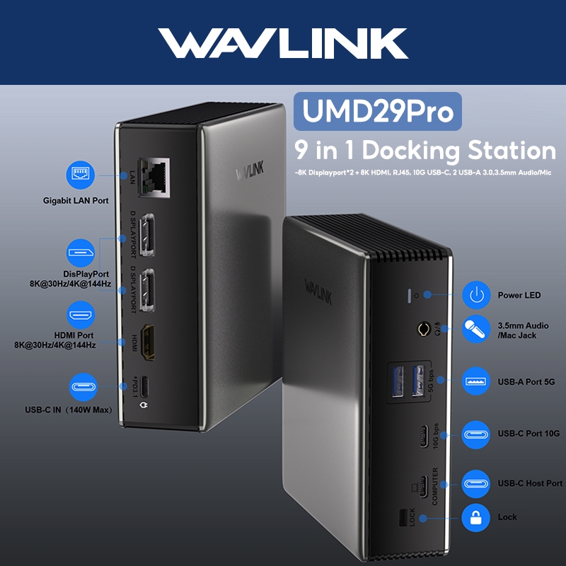 WAVLINK 9-IN-1 แล็ปท็อป Docking Station 8K Displayport*2 + 8K HDMI, 140W Power Delivery, RJ45, 10G U